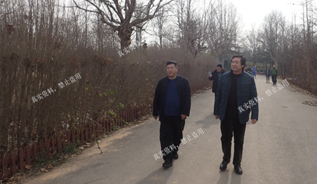 .会长王淮正在相关项目负责人的陪同下考察寺庙外部环境